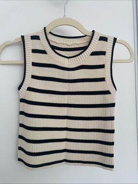 Striped Cream and Black Knit Tank Top - Sleeveless Ribbed Design